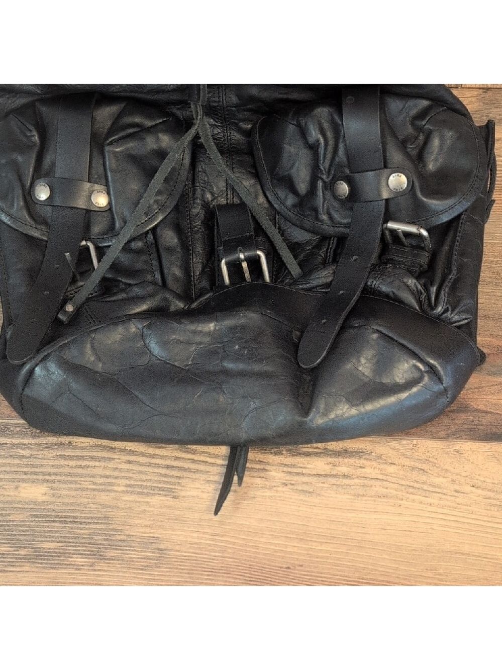 Frye Black Leather Buckled Zipper Back Vintage Rare Unisex Backpack -C192 - Picture 10 of 11